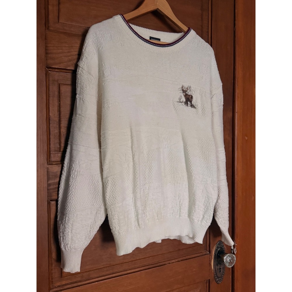Vintage Knightsbridge Mens Large White Cotton Textured Knit Deer Sweater USA